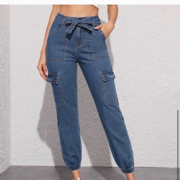 New! High waist Jean joggers w/ Front Tie - Picture 6 of 7